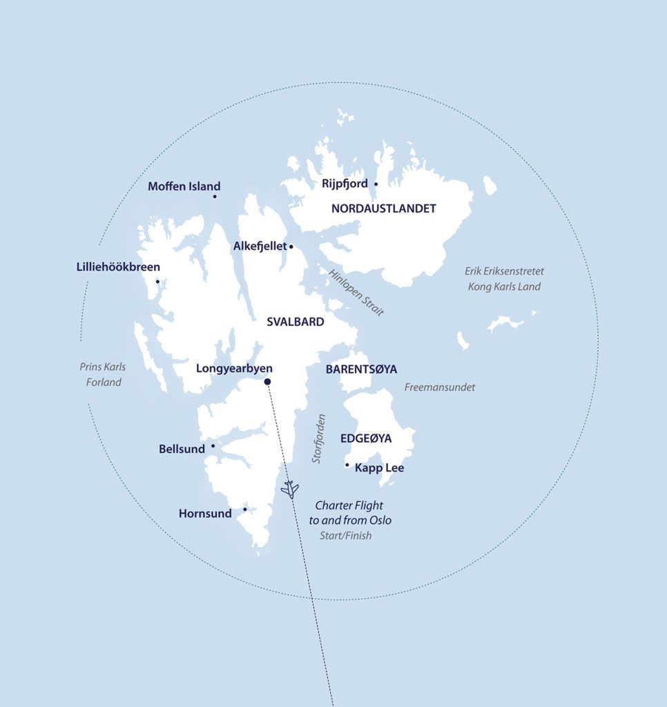 Route map for Svalbard in Depth voyage.