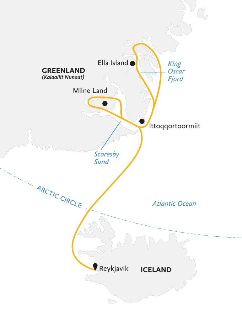 Route map of East Green;and for Under the Northern Lights voyage. 