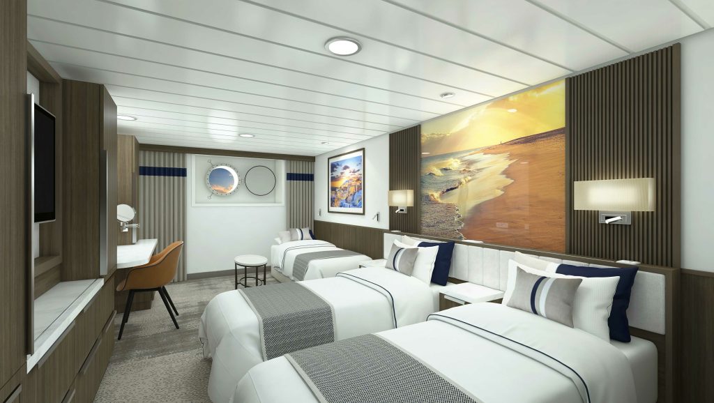 Three single beds in a cabin with porthole window on the Douglas Mawson.