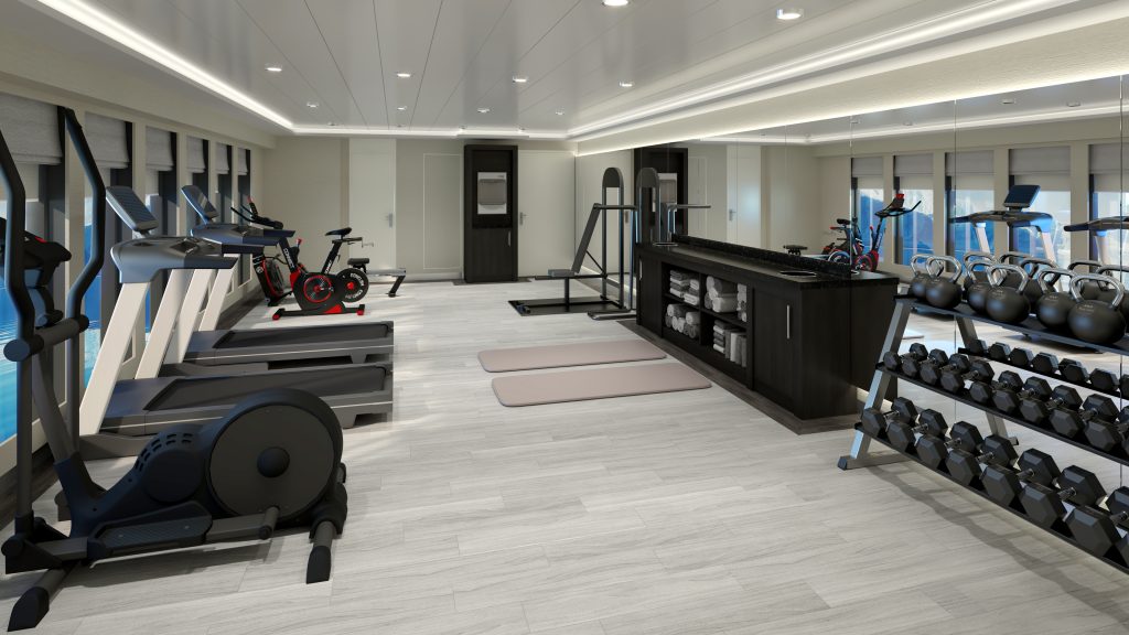 Magellan Discoverer gym rending with an elliptical, 2 treadmills, bike and free weights.