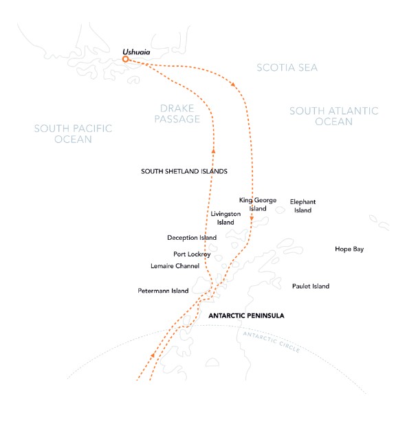 Map of Antarctic Peninsula with route below the Antarctic Circle.