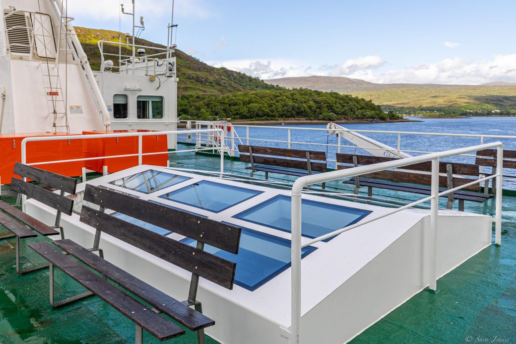 Top deck space on Ortelius showing bench seats and new skylights.