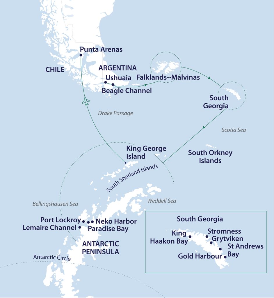 Route map for South Georgia, Falklands & Antarctic Odyssey - Sail/Fly itinerary.