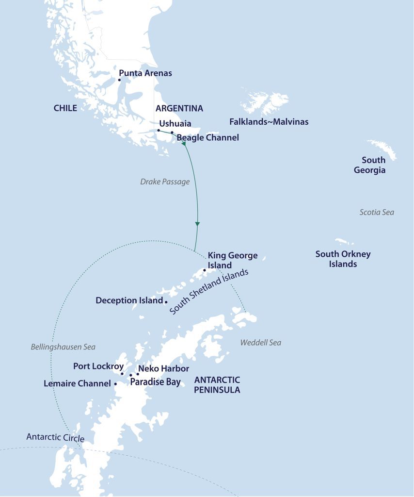 Route map for the voyage Across the Antarctic Circle.