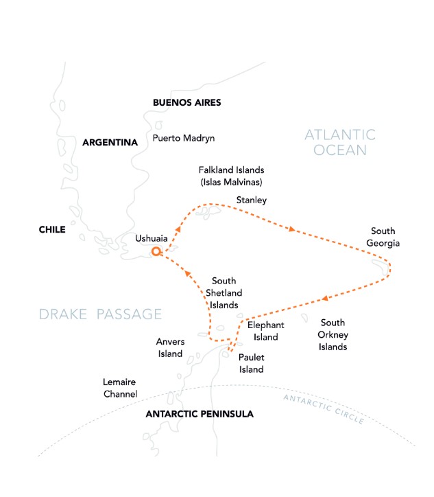 Route map with the Falklands, South Georgia & Antarctica. 