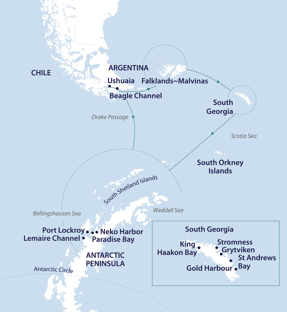 Map with clockwise route from Ushuaia to the Falklands, South Georgia & Antarctic Peninsula. 