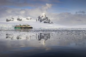 The Sylvia Earle ship in icy waters. 