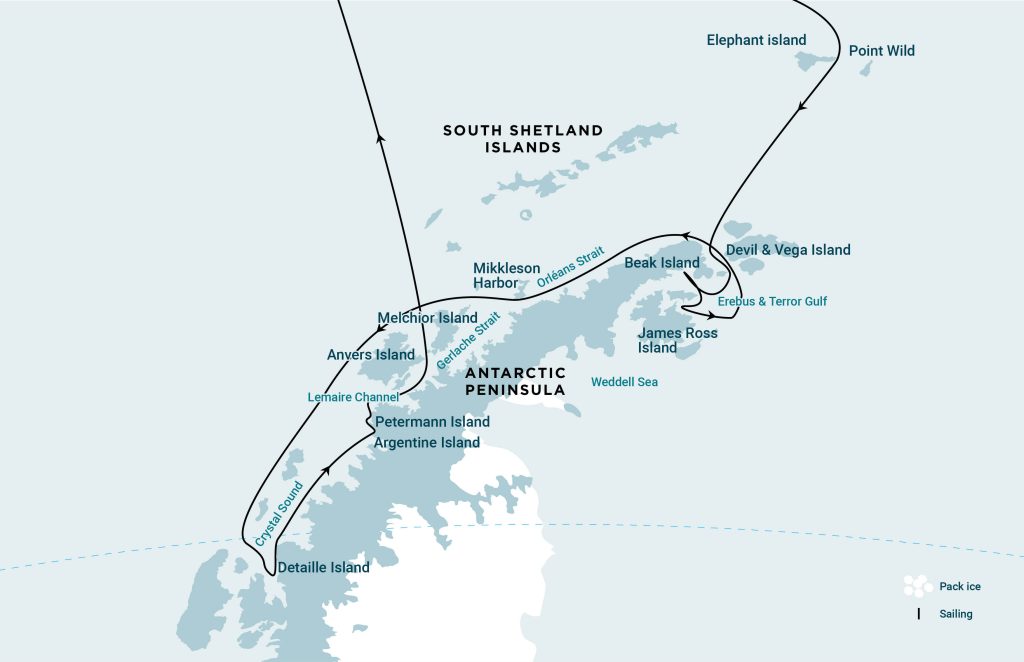 Route map for Antarctica - Elephant Island - Weddell Sea - Polar Circle voyage. 