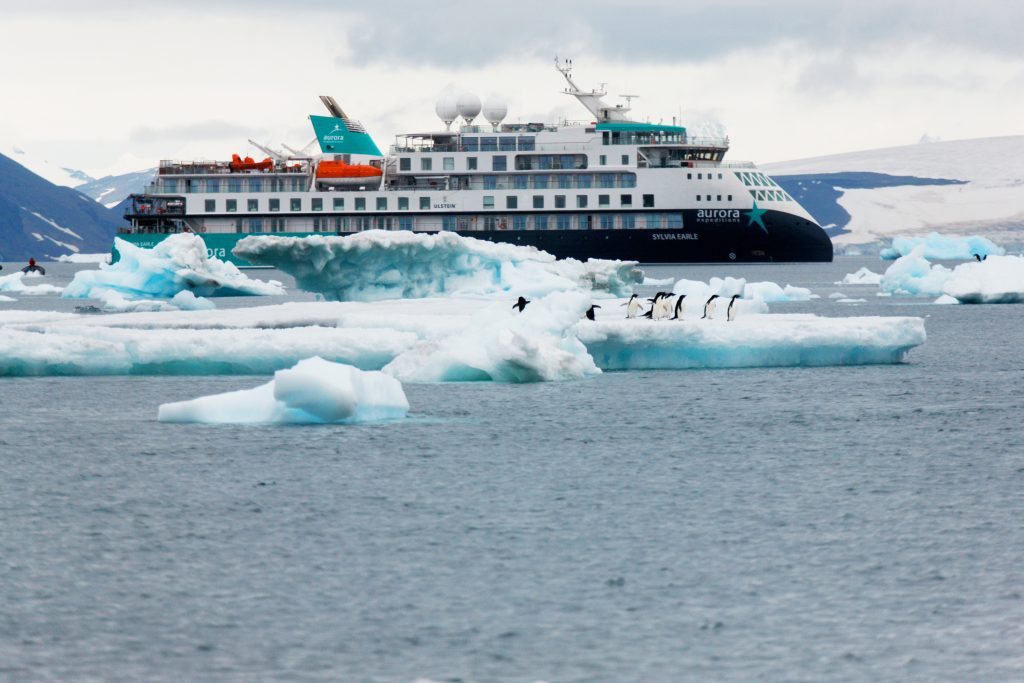 Ship next to ice floe with penguins. 