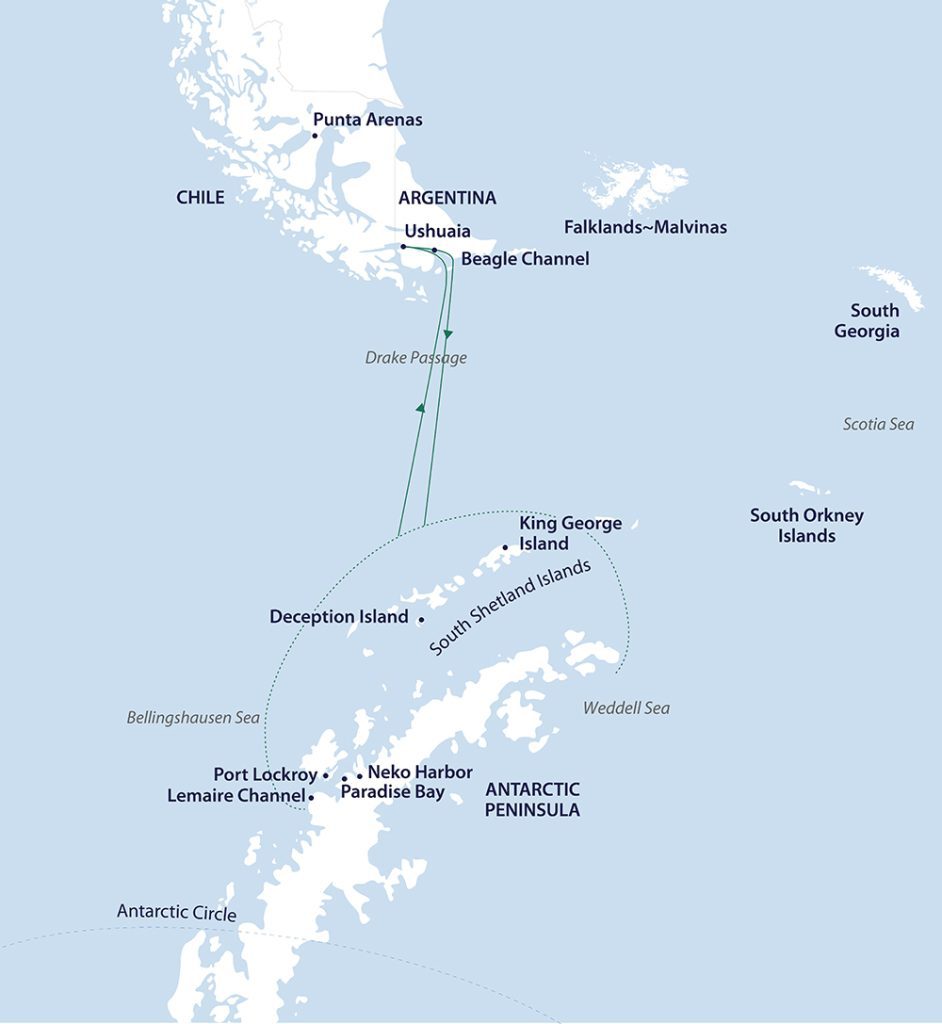 Map for Antarctica Active itinerary showing route to Antarctic Peninsula.