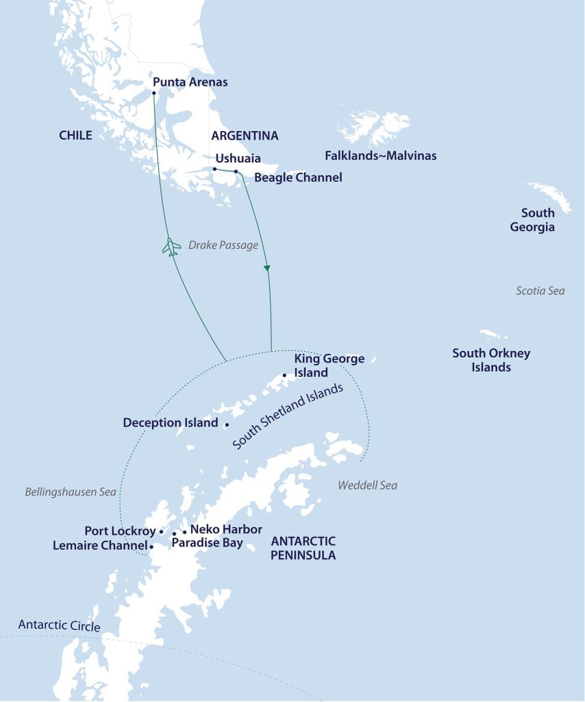 Map of Antarctic Peninsula and southern tip of South America.