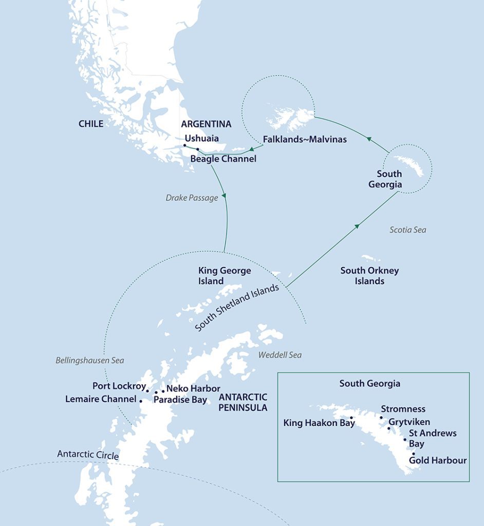 Route map of Falklands, South Georgia & Antarctic Peninsula voyage. 