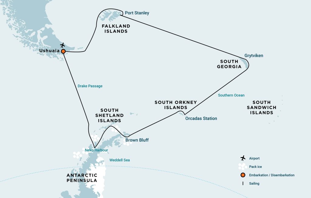 Voyage route map of the Falklands, South Georgia & Antarctic Peninsula. 