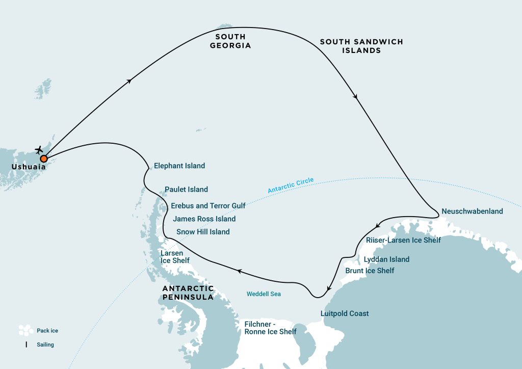 Route map showing South Georgia & Weddell Sea.