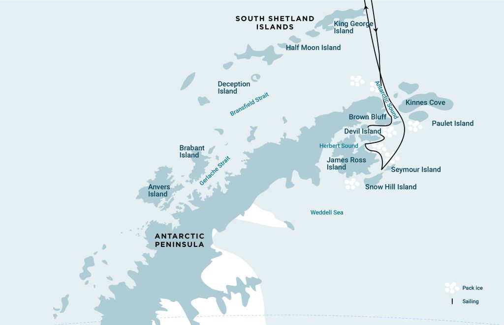 Map of Antarctic Peninsula showing route into the Weddell Sea.  