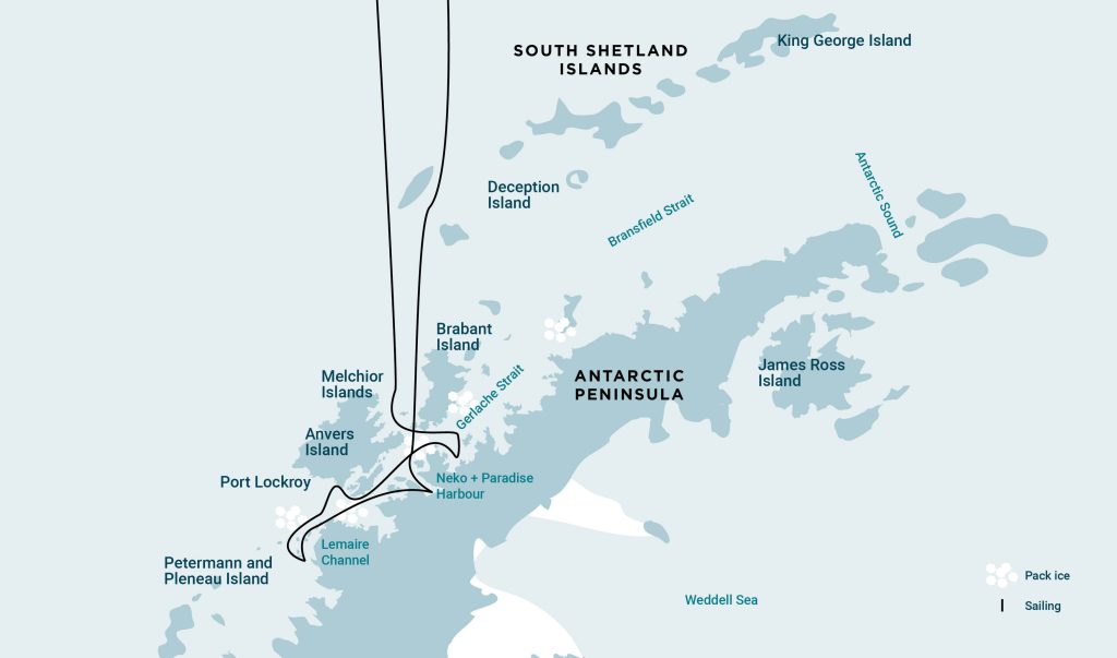 Itinerary route map for Antarctic Whale watching voyage. 