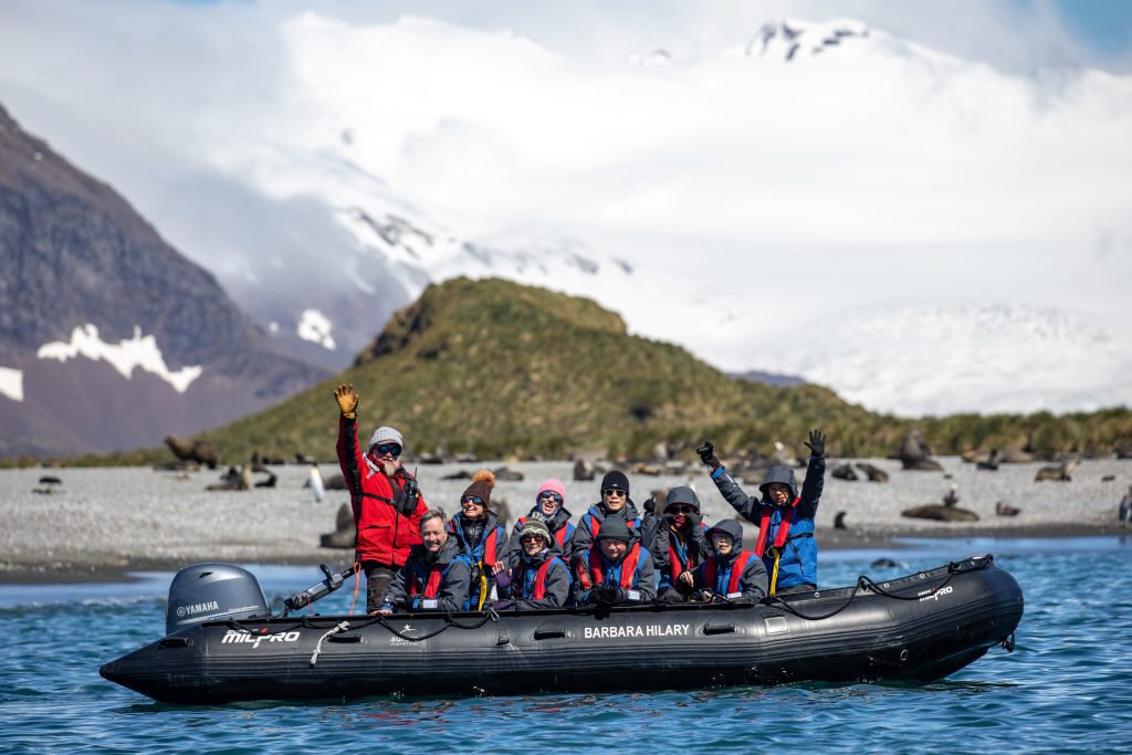 Guests on zodiac in South Georgia. 