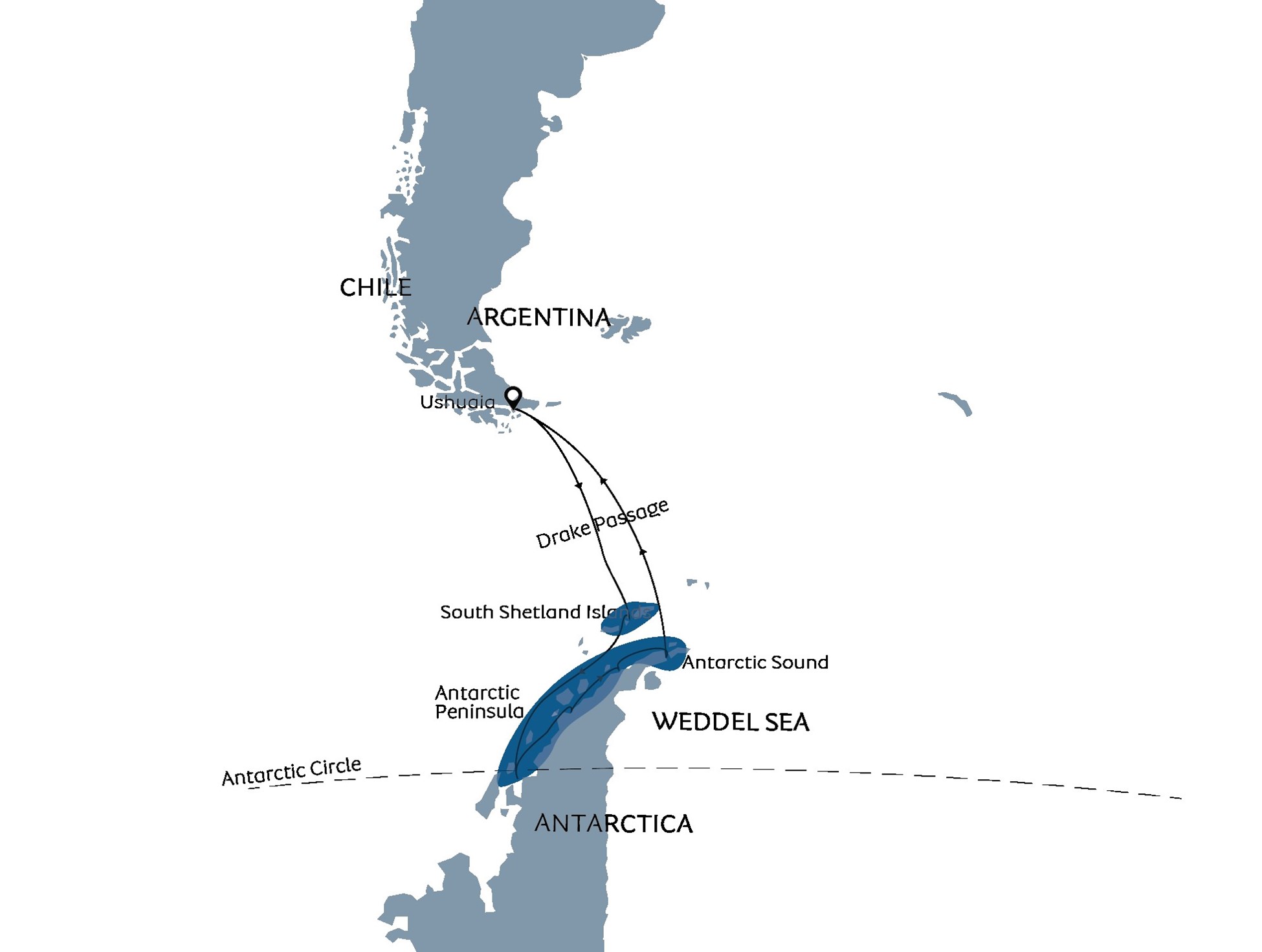 Map of southern South America & Antarctic Peninsula.