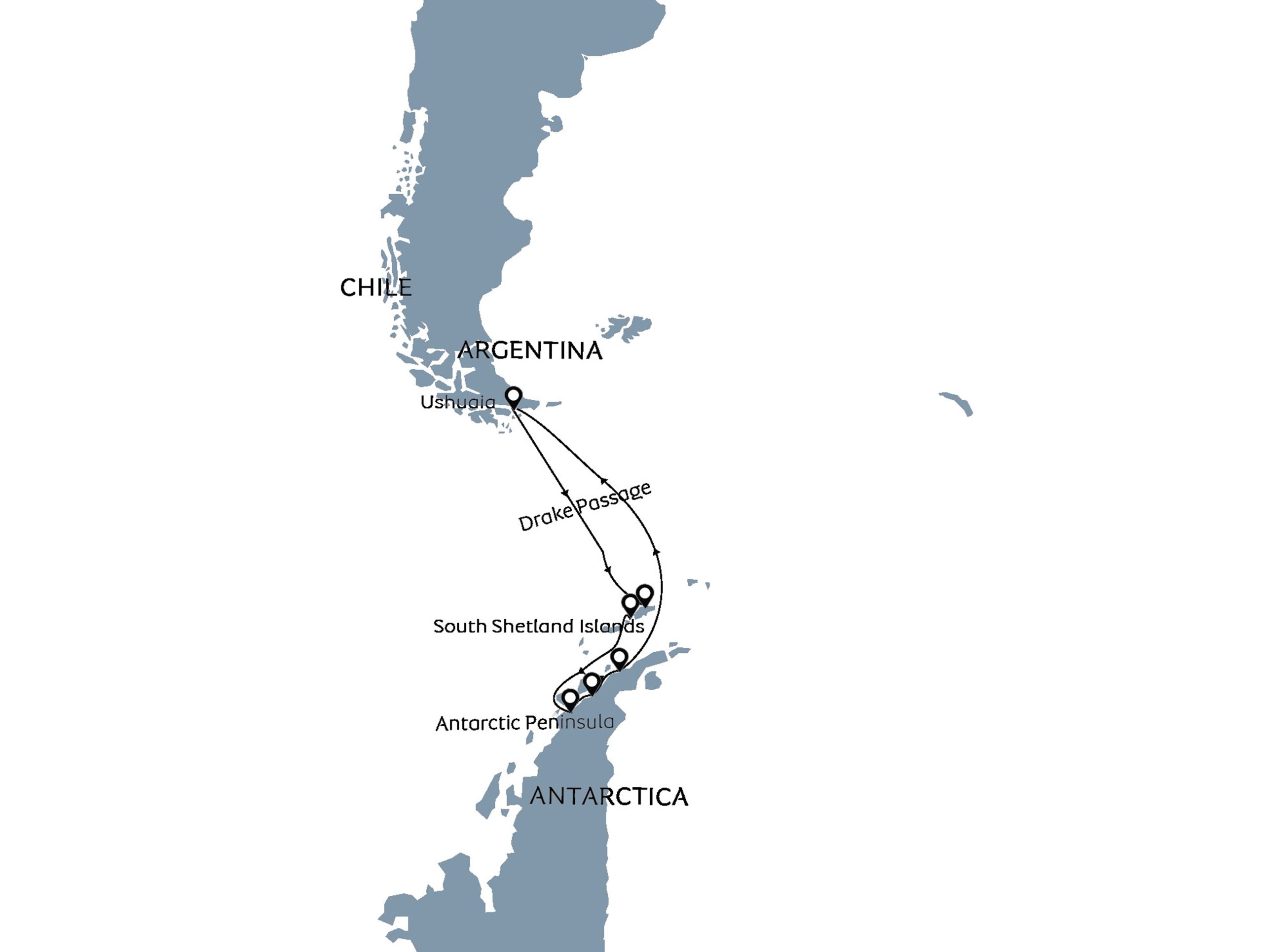 Route map for South Shetland Islands & Antarctic Peninsula voyage.