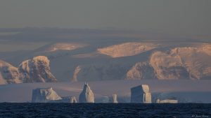 Antarctic landscape at sunset with icebergs and mountains. 