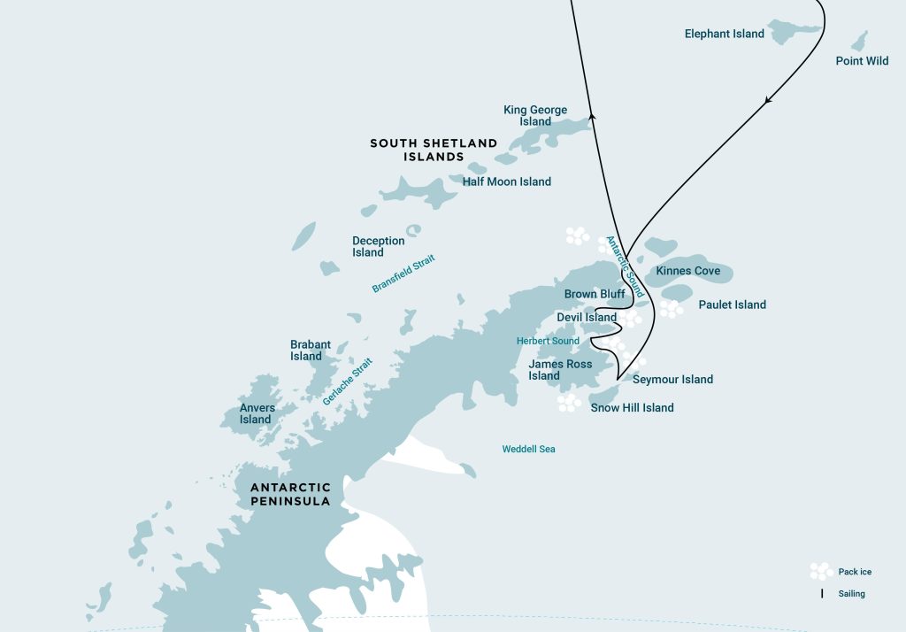 Route map for Weddell Sea Explore voyage showing Antarctic Peninsula. 