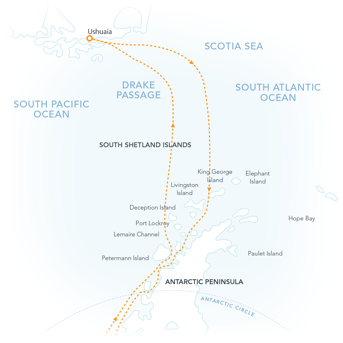 Route map showing line across the Antarctic Circle.